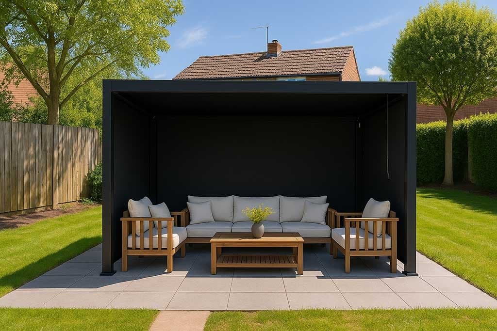 Grande pergola bioclimatique en aluminium installée dans un jardin