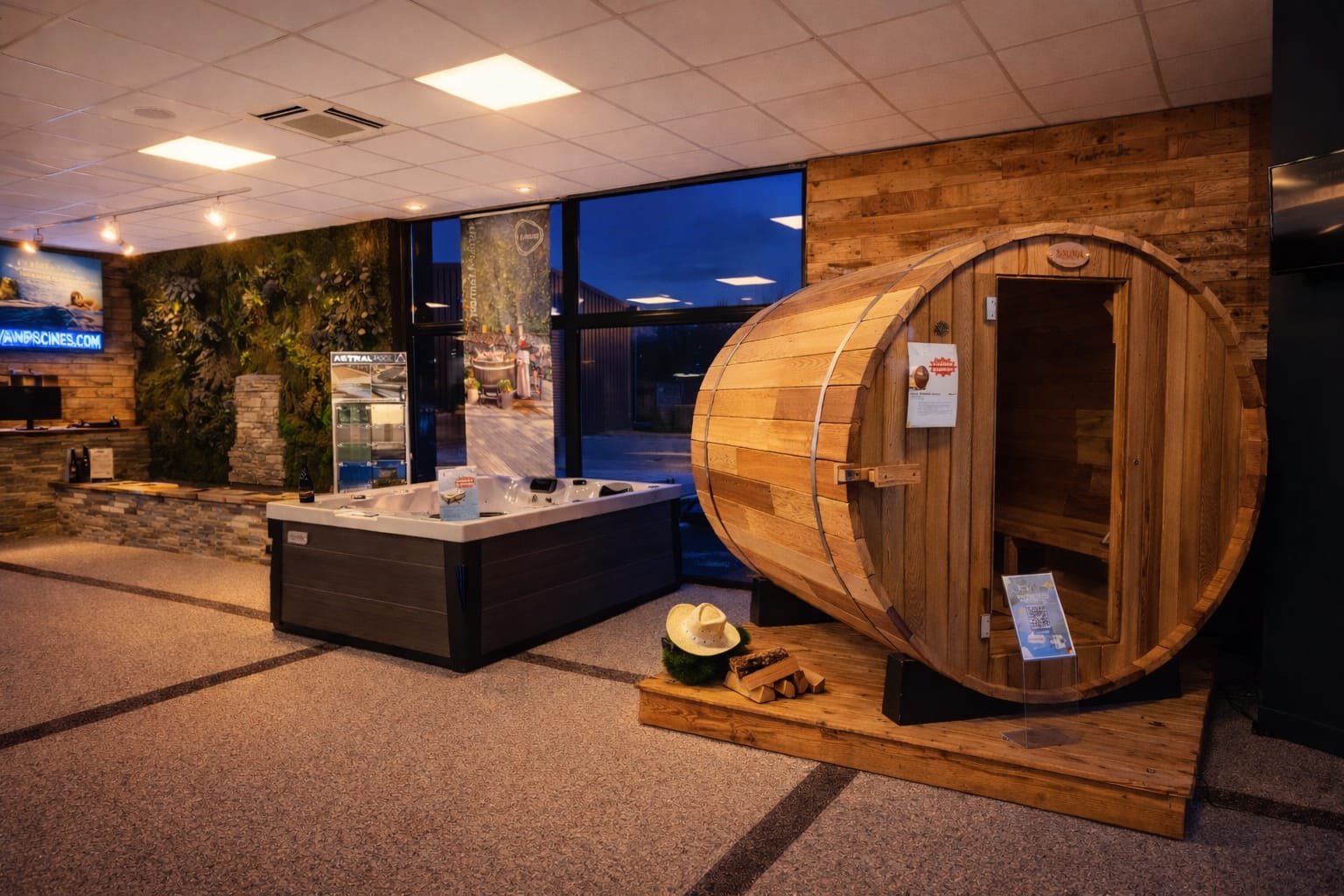 Sauna tonneau et spa en extérieur - Showroom Yann Piscines Cosne-sur-Loire